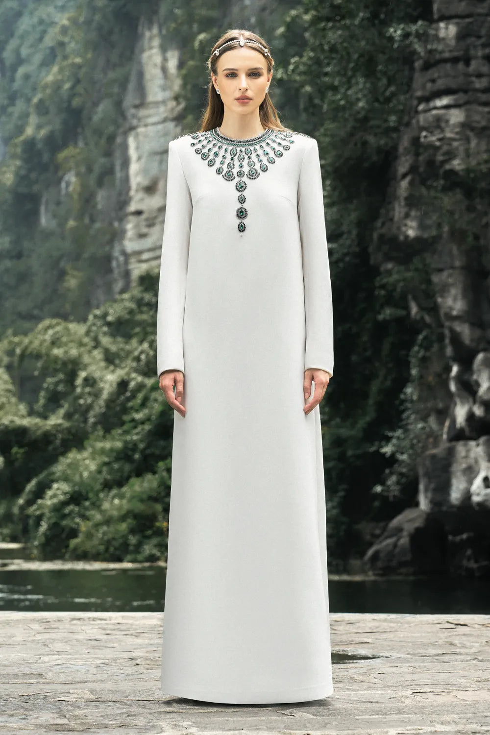 Long Sleeve Dress With Stone Embellishments - TRACY COUTURE